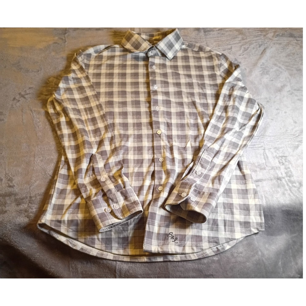State & Liberty Mens L Athletic Plaid Button Down Shirt Grey White 4 Way Stretch